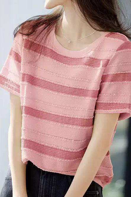 Fashion Striped Short Sleeve Knit T-Shirt - liwisi