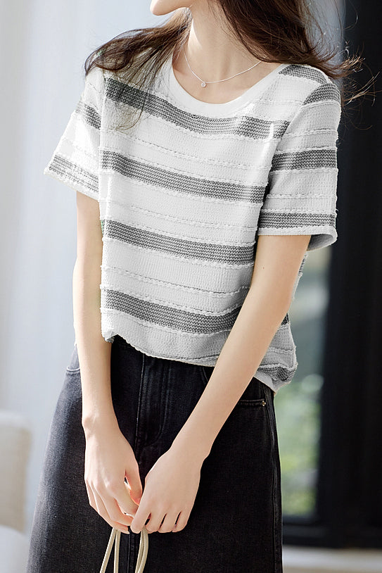 Fashion Striped Short Sleeve Knit T-Shirt - liwisi