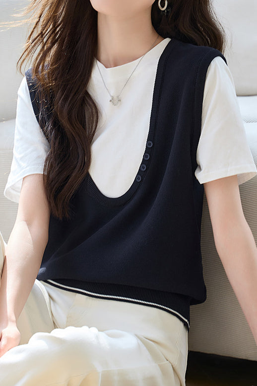 Stitching Faux Two-Piece Short Sleeve Top - liwisi