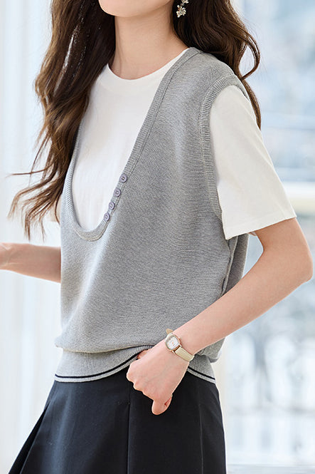 Stitching Faux Two-Piece Short Sleeve Top - liwisi
