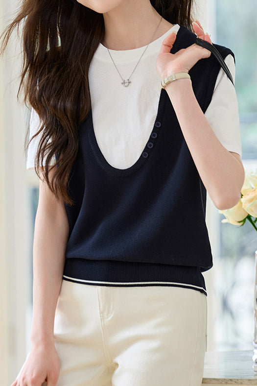 Stitching Faux Two-Piece Short Sleeve Top - liwisi