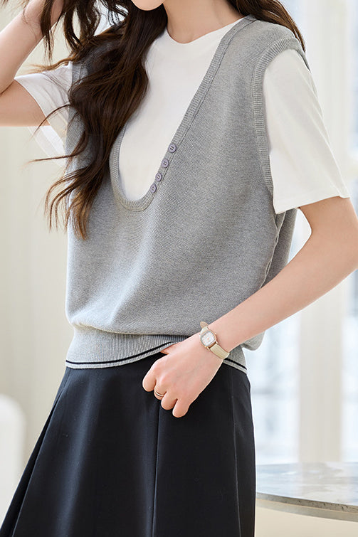 Stitching Faux Two-Piece Short Sleeve Top - liwisi