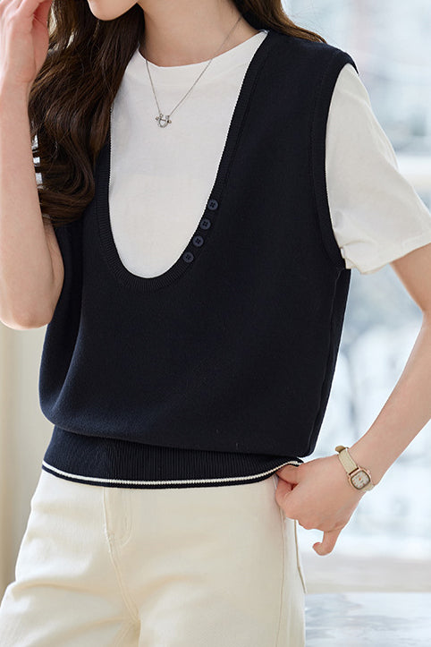 Stitching Faux Two-Piece Short Sleeve Top - liwisi