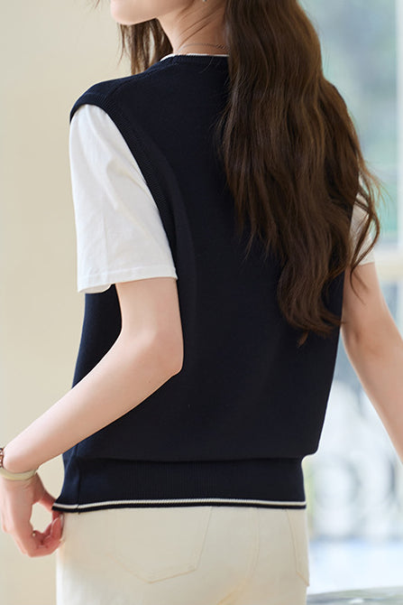 Stitching Faux Two-Piece Short Sleeve Top - liwisi