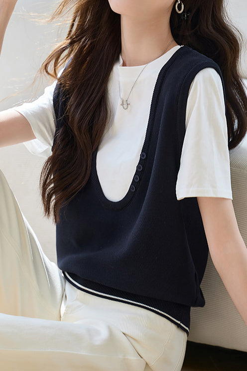 Stitching Faux Two-Piece Short Sleeve Top - liwisi
