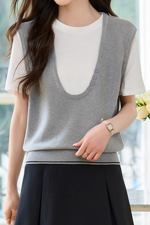 Stitching Faux Two-Piece Short Sleeve Top - liwisi