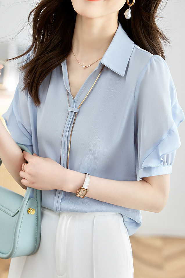 Satin Chiffon Short Sleeve Shirt - liwisi