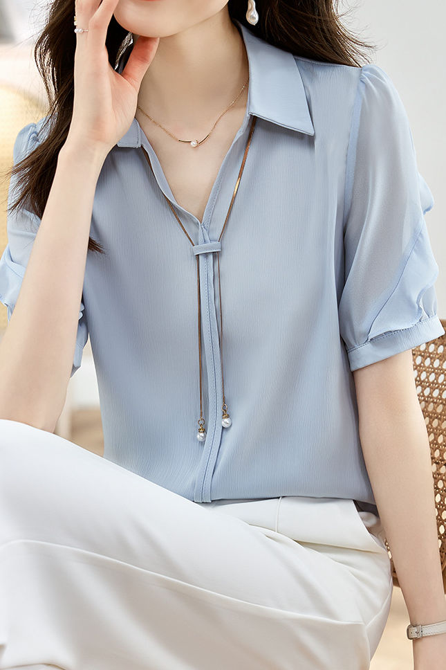 Satin Chiffon Short Sleeve Shirt - liwisi