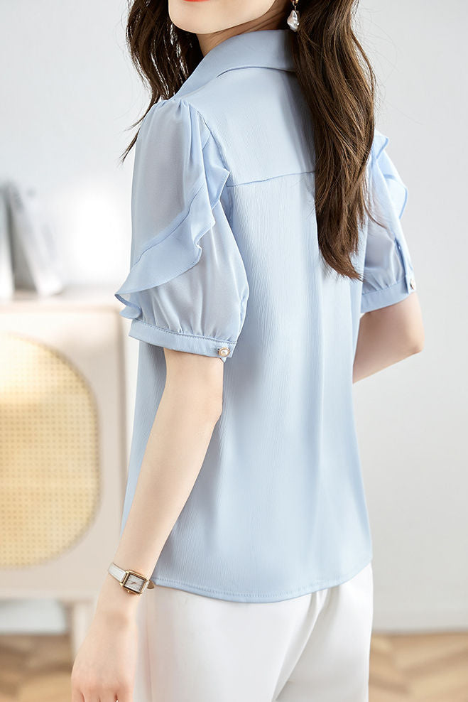 Satin Chiffon Short Sleeve Shirt - liwisi