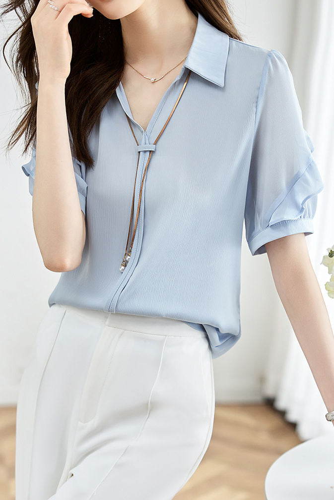 Satin Chiffon Short Sleeve Shirt - liwisi