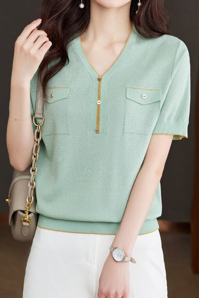 V-Neck Color Block Knitted Top with Metallic Trim - liwisi