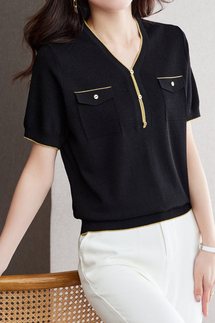 V-Neck Color Block Knitted Top with Metallic Trim - liwisi