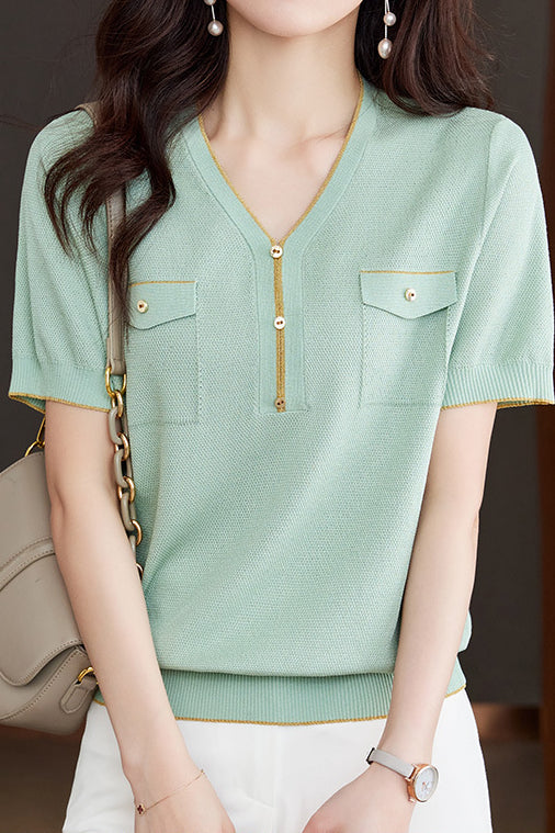 V-Neck Color Block Knitted Top with Metallic Trim - liwisi