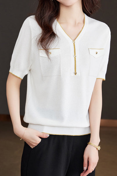 V-Neck Color Block Knitted Top with Metallic Trim - liwisi