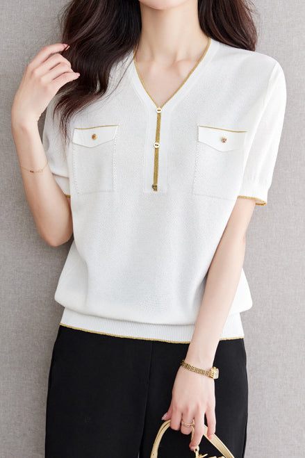 V-Neck Color Block Knitted Top with Metallic Trim - liwisi
