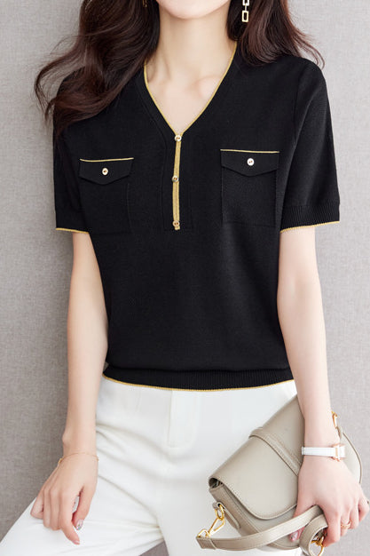 V-Neck Color Block Knitted Top with Metallic Trim - liwisi