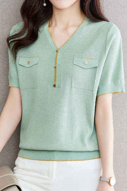 V-Neck Color Block Knitted Top with Metallic Trim - liwisi