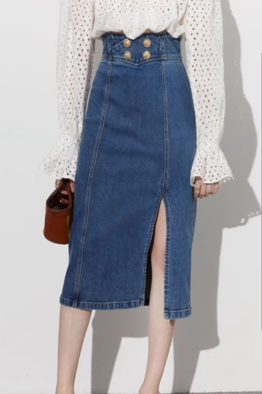 Front Split Loose High-Waisted Denim Skirt - liwisi