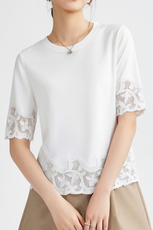Lace Patchwork Round Neck Short Sleeve T-Shirt - liwisi