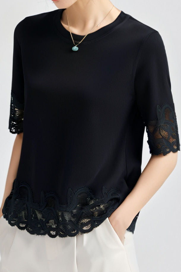 Lace Patchwork Round Neck Short Sleeve T-Shirt - liwisi