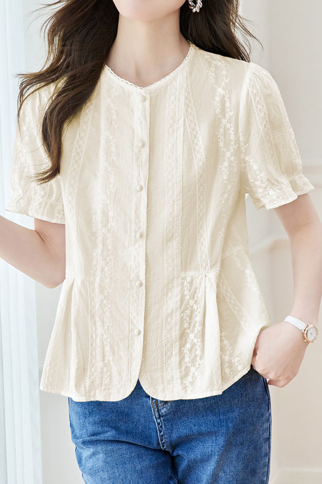 French Round Neck Short Sleeve Shirt - liwisi