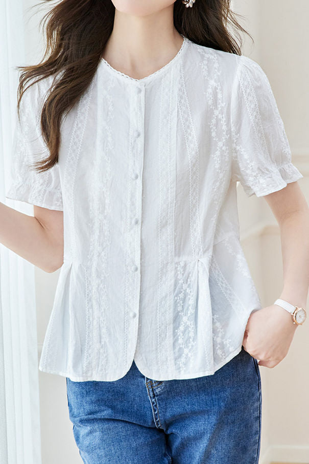 French Round Neck Short Sleeve Shirt - liwisi