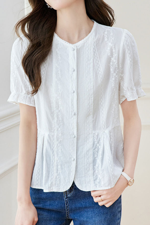 French Round Neck Short Sleeve Shirt - liwisi