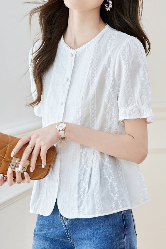 French Round Neck Short Sleeve Shirt - liwisi
