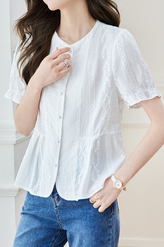 French Round Neck Short Sleeve Shirt - liwisi
