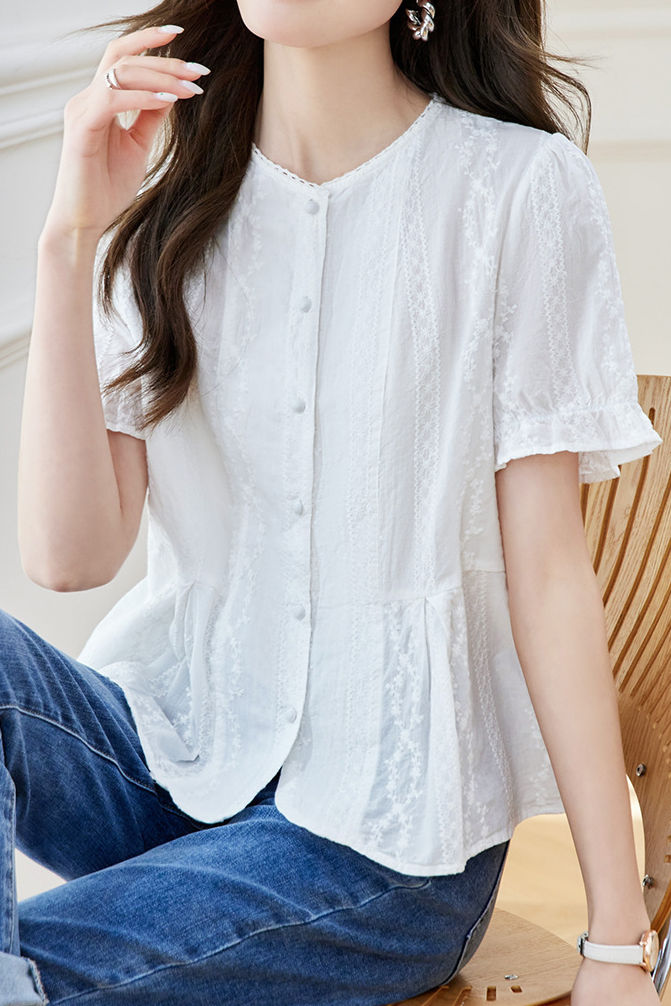 French Round Neck Short Sleeve Shirt - liwisi