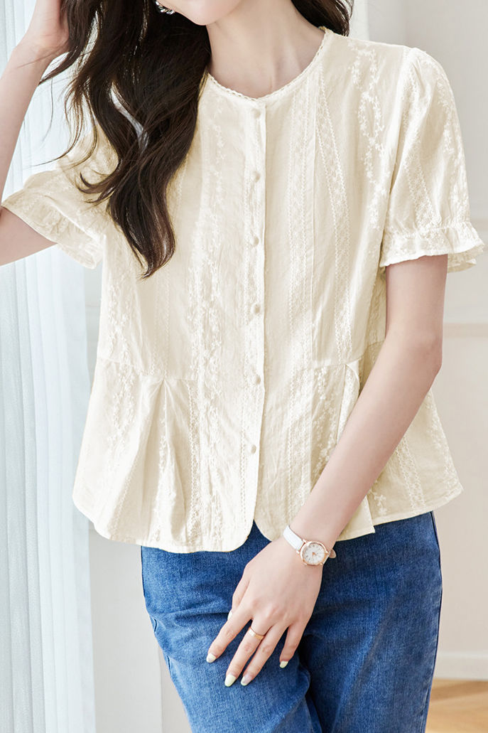 French Round Neck Short Sleeve Shirt - liwisi