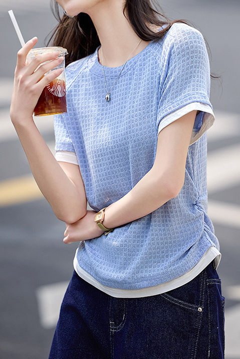 Textured Faux Two-Piece Short Sleeve T-Shirt - liwisi