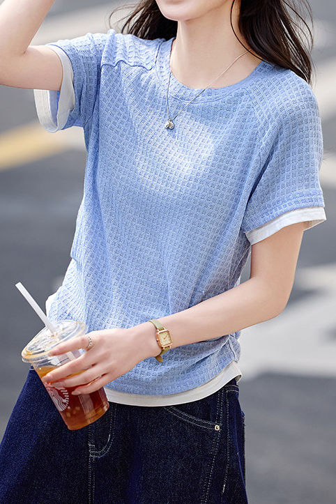 Textured Faux Two-Piece Short Sleeve T-Shirt - liwisi