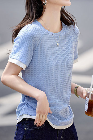 Textured Faux Two-Piece Short Sleeve T-Shirt - liwisi