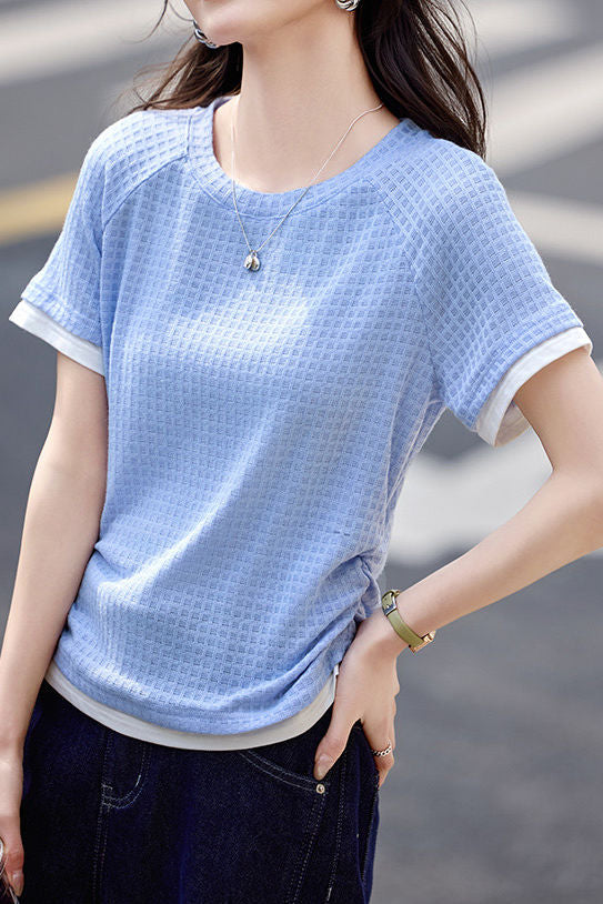 Textured Faux Two-Piece Short Sleeve T-Shirt - liwisi