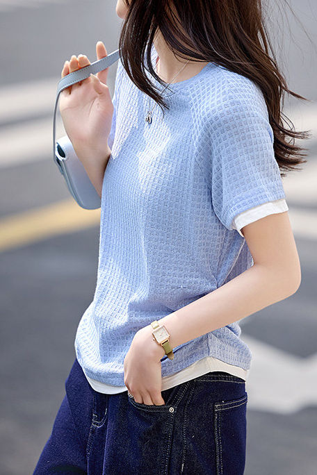 Textured Faux Two-Piece Short Sleeve T-Shirt - liwisi