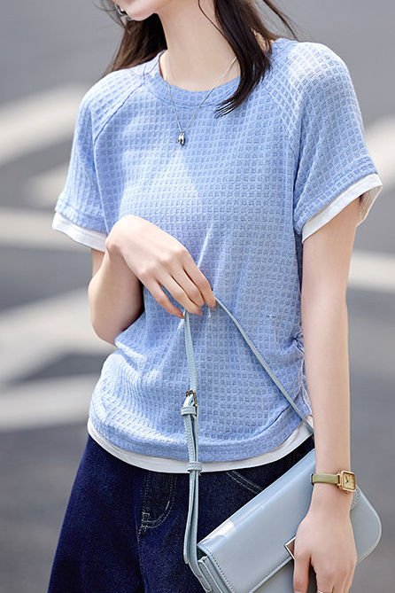 Textured Faux Two-Piece Short Sleeve T-Shirt - liwisi
