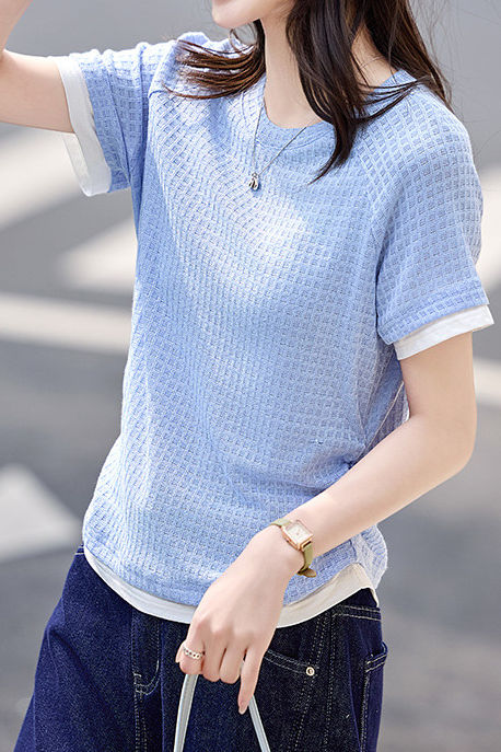Textured Faux Two-Piece Short Sleeve T-Shirt - liwisi