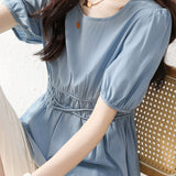 Puff Sleeve V-Neck Waist-Defined Shirt - liwisi