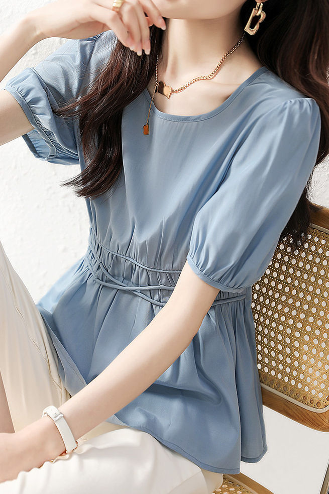 Puff Sleeve V-Neck Waist-Defined Shirt - liwisi