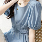 Puff Sleeve V-Neck Waist-Defined Shirt - liwisi