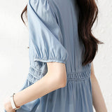 Puff Sleeve V-Neck Waist-Defined Shirt - liwisi