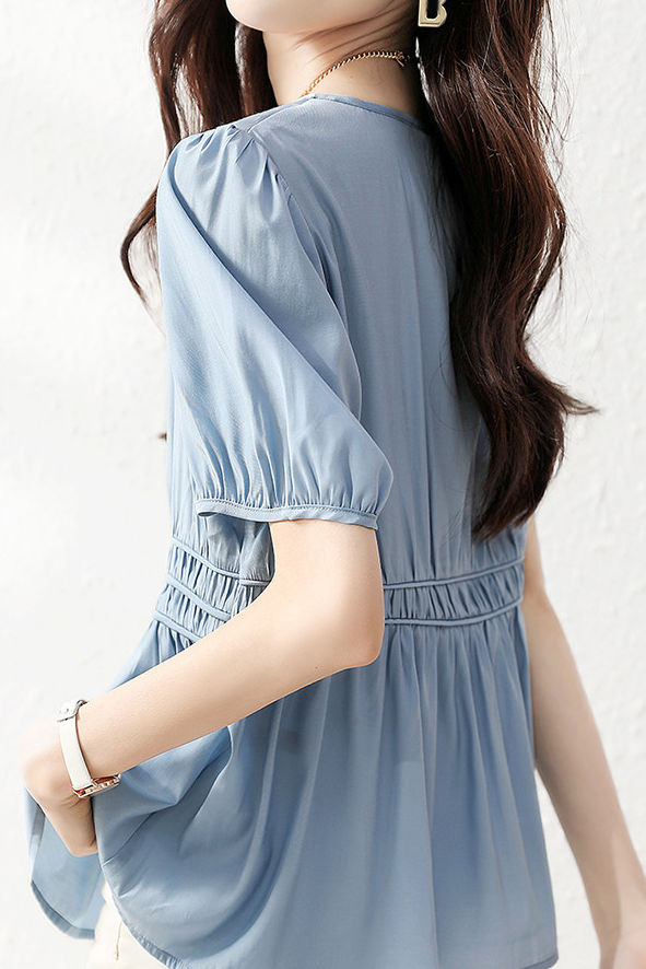Puff Sleeve V-Neck Waist-Defined Shirt - liwisi