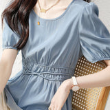 Puff Sleeve V-Neck Waist-Defined Shirt - liwisi