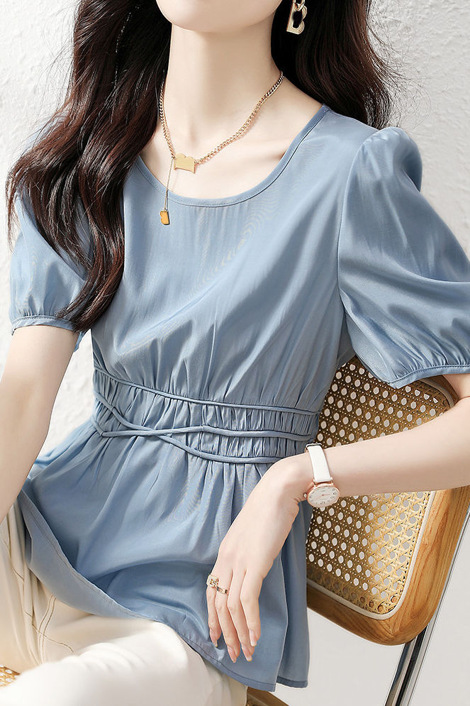 Puff Sleeve V-Neck Waist-Defined Shirt - liwisi