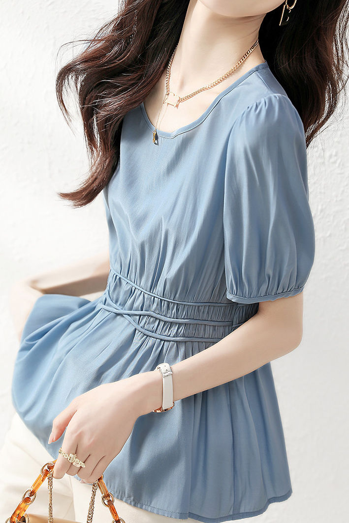Puff Sleeve V-Neck Waist-Defined Shirt - liwisi