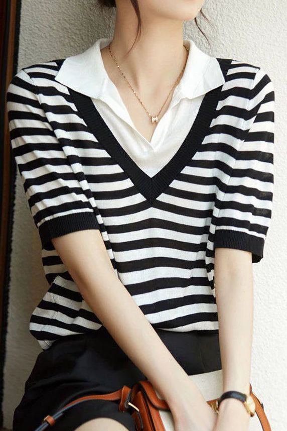 Fashion Faux Two-Piece Ice Silk Short Sleeve - liwisi