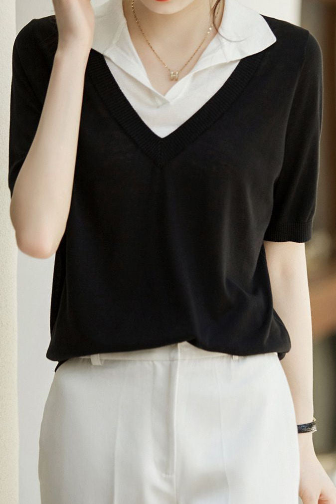 Fashion Faux Two-Piece Ice Silk Short Sleeve - liwisi
