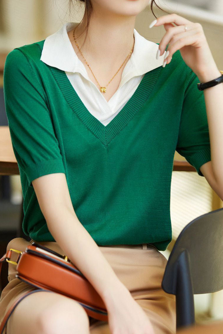Fashion Faux Two-Piece Ice Silk Short Sleeve - liwisi