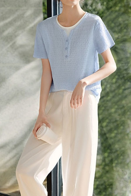 Faux Two-Piece Color-Block Pleated Short Sleeve - liwisi